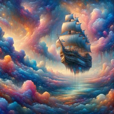 The primary subject of the image is a large sailboat floating in a vibrant, colorful, and cloudy sky. The setting is a dreamy, surreal landscape, with the boat seemingly suspended in the air. The visual style is a combination of digital art and illustration, creating a whimsical and imaginative scene. The colors and mood are lively and uplifting, with the bright colors of the clouds and the sailboat's sails evoking a sense of adventure and